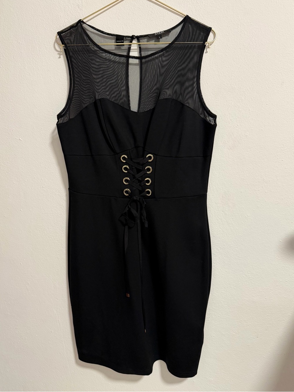 Black Sleeveless Mesh Yoke Lace-Up Bodycon Dress | Guess | Size L